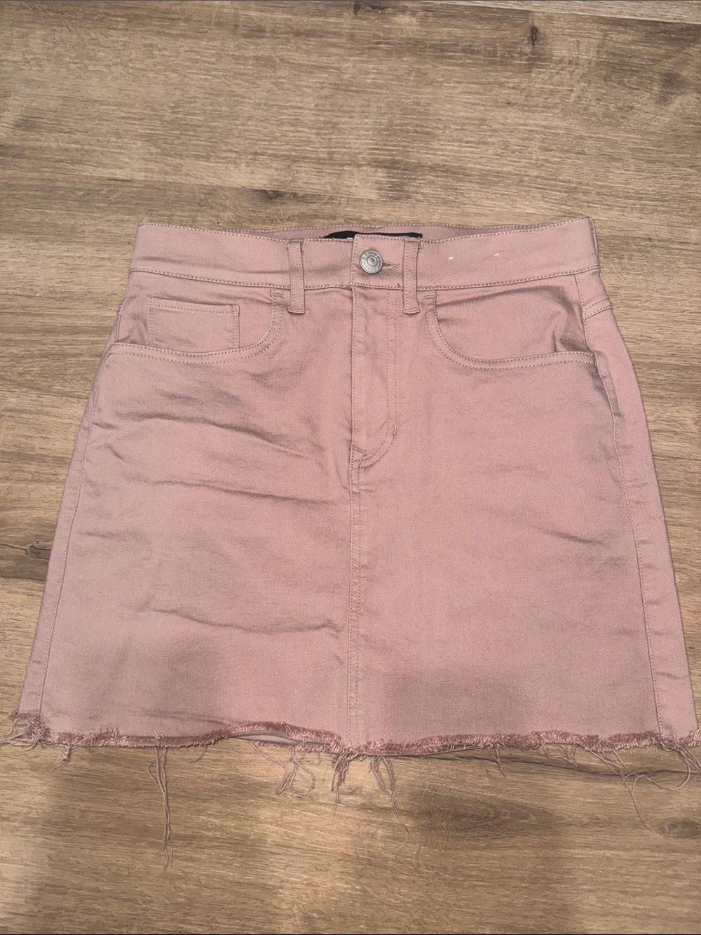 Express Dusty Pink Denim Mini Skirt with Frayed Hem